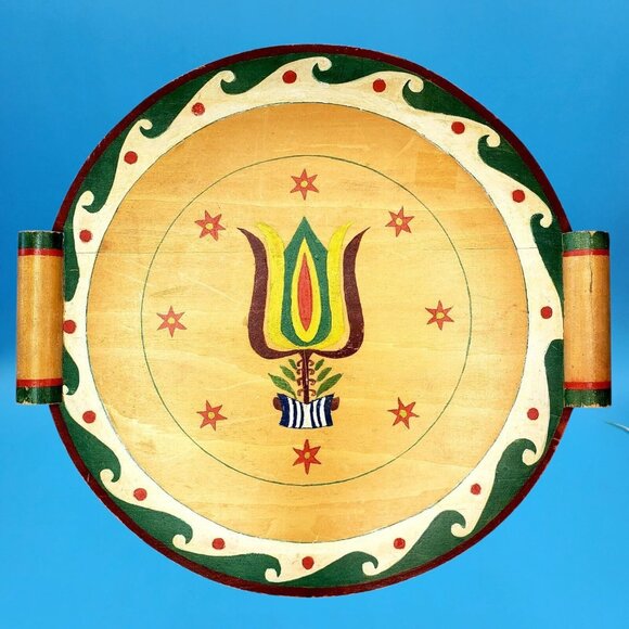 Vintage 1950s Scandinavian Folk Art Wooden Serving Tray • Hand Painted Floral Tu - Picture 2 of 7